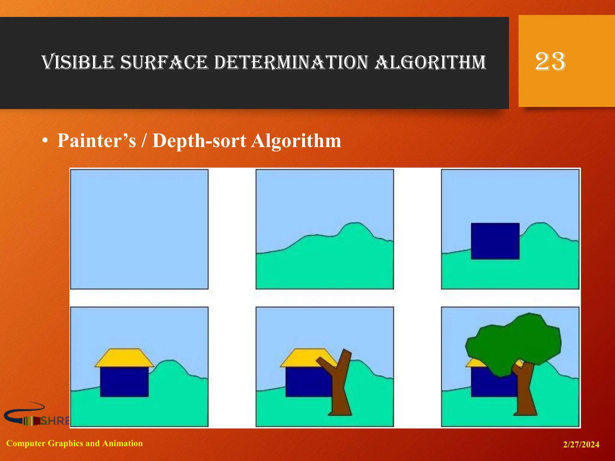 Visible Surface Determination Algorithm
• Painter’s / Depth-sort Algorithm
2/27/2024
Computer Graphics and Animation
23
 