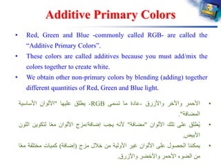 Additive Primary Colors
• Red, Green and Blue -commonly called RGB- are called the
“Additive Primary Colors”.
• These colors are called additives because you must add/mix the
colors together to create white.
• We obtain other non-primary colors by blending (adding) together
different quantities of Red, Green and Blue light.
•‫األحمر‬‫واألخر‬‫واألزرق‬-‫عادة‬‫ما‬‫تسمى‬RGB-‫يطلق‬‫عليها‬"‫األلوان‬‫األساسية‬
‫المضافة‬".
•‫طلق‬ُ‫ي‬‫على‬‫تلك‬‫األلوان‬"‫مضافة‬"‫ألنه‬‫يجب‬‫إضافة‬/‫مزج‬‫األلوان‬‫ا‬ً‫ع‬‫م‬‫لتكوين‬‫اللون‬
‫األبيض‬.
•‫يمكننا‬‫الحصول‬‫على‬‫األلوان‬‫غير‬‫األولية‬‫من‬‫خالل‬‫مزج‬(‫إضافة‬)‫كميات‬‫مختلفة‬‫ا‬ً‫ع‬‫م‬
‫من‬‫الضوء‬‫األحمر‬‫واألخضر‬‫واألزرق‬.
 