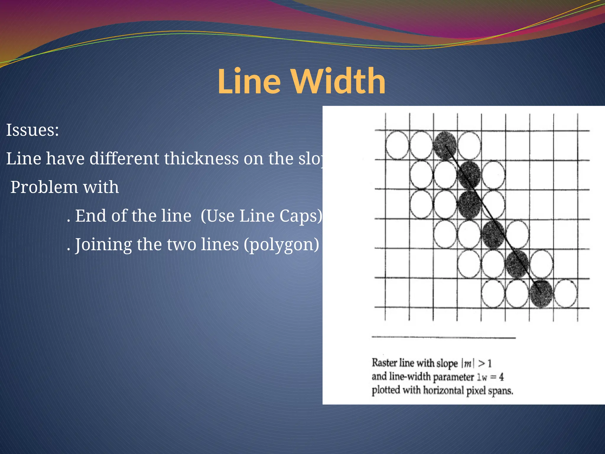 Line Width
Issues:
Line have different thickness on the slope
Problem with
. End of the line (Use Line Caps)
. Joining the two lines (polygon)
 