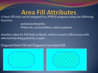 A basic fill style can be assigned in a PHIGS program using the following
function:
setInteriorStyle(fs),
Where fs c an be hollow,s olid,or pattern .
Another value for Fill Style is Hatch, which is used to fill an area with
selected hatching patterns.2 types :
Diagonal Hatch Fill and Diagonal Cross Hatch Fill.
 