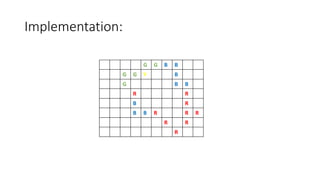 Implementation:
G G B B
G G Y B
G B B
R R
B R
B B R R R
R R
R
 