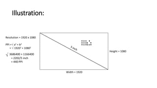Illustration:
Width = 1920
Height = 1080
Resolution = 1920 x 1080
PPI =√ a2 + b2
= √ 19202 + 10802
√ 3686400 + 1166400
= 2202/5 inch
= 440 PPI
 