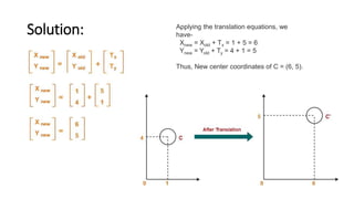 Solution: Applying the translation equations, we
have-
Xnew = Xold + Tx = 1 + 5 = 6
Ynew = Yold + Ty = 4 + 1 = 5
Thus, New center coordinates of C = (6, 5).
 