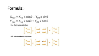 Formula:
Xnew = Xold x cosθ – Yold x sinθ
Ynew = Xold x sinθ + Yold x cosθ
+
-
For anti-clockwise rotation:
For clockwise rotation:
 