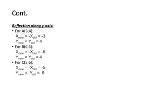 Cont.
Reflection along y-axis:
• For A(3,4):
Xnew = -Xold = -3
Ynew = Yold = 4
• For B(6,4):
Xnew = -Xold = -6
Ynew = Yold = 4
• For C(5,6):
Xnew = -Xold = -5
Ynew = Yold = 6
 