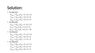 Solution:
• For A(0,3,3):
Xnew = Xold x Sx = 0 x 2 = 0
Ynew = Yold x Sy = 3 x 3 = 9
Znew = Zold x Sz = 3 x 3 = 9
• For B(3,3,6):
Xnew = Xold x Sx = 3 x 2 = 6
Ynew = Yold x Sy = 3 x 3 = 9
Znew = Zold x Sz = 6 x 3 = 18
• For C(3,0,1):
Xnew = Xold x Sx = 3 x 2 = 6
Ynew = Yold x Sy = 0 x 3 = 0
Znew = Zold x Sz = 1 x 3 = 3
• For D(0,0,0):
Xnew = Xold x Sx = 0 x 2 = 0
Ynew = Yold x Sy = 0 x 3 = 0
Znew = Zold x Sz = 0 x 3 = 0
 