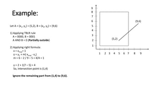 Example:
1 2 3 4 5 6 7 8 9
9
8
7
6
5
4
3
2
1
(9,6)
(5,2)
Let A = (x1, y1) = (5,2), B = (x2, y2) = (9,6)
1) Applying TBLR rule
A = 0000, B = 0001
A AND B = 0 (Partially outside)
2) Applying right formula:
x = xmax= 1
y = y1 + m( xmax - x1)
m = 6 – 2 / 9 – 5 = 4/4 = 1
y = 2 + 1(7 – 5) = 4
So, intersection point is (1,4)
Ignore the remaining part from (1,4) to (9,6).
 