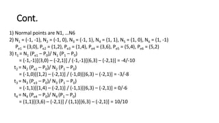 Cont.
1) Normal points are N1, …N6
2) N1 = (-1, -1), N2 = (-1, 0), N3 = (-1, 1), N4 = (1, 1), N5 = (1, 0), N6 = (1, -1)
Pe1 = (3,0), Pe2 = (1,2), Pe3 = (1,4), Pe4 = (3,6), Pe5 = (5,4), Pe6 = (5,2)
3) t1 = N1 (Pe1 – P0)/ N1 (P1 – P0)
= (-1,-1)[(3,0) – (-2,1)] / (-1,-1)[(6,3) – (-2,1)] = -4/-10
t2 = N2 (Pe2 – P0)/ N2 (P1 – P0)
= (-1,0)[(1,2) – (-2,1)] / (-1,0)[(6,3) – (-2,1)] = -3/-8
t3 = N3 (Pe3 – P0)/ N3 (P1 – P0)
= (-1,1)[(1,4) – (-2,1)] / (-1,1)[(6,3) – (-2,1)] = 0/-6
t4 = N4 (Pe4 – P0)/ N4 (P1 – P0)
= (1,1)[(3,6) – (-2,1)] / (1,1)[(6,3) – (-2,1)] = 10/10
 