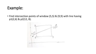Example:
• Find intersection points of window (5,5) & (9,9) with line having
p1(2,6) & p2(12, 8).
 
