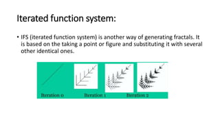 Iterated function system:
• IFS (iterated function system) is another way of generating fractals. It
is based on the taking a point or figure and substituting it with several
other identical ones.
 