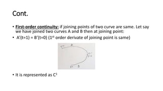 Cont.
• First-order continuity: if joining points of two curve are same. Let say
we have joined two curves A and B then at joining point:
• A’(t=1) = B’(t=0) (1st order derivate of joining point is same)
• It is represented as C1
 