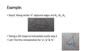 Example:
• Step1: Along vertex ‘V’ adjacent edges are N1, N2, N3
• Taking a 2D shape to interpolate easily step 2
• Lets’ find the interpolation for ‘a’, ‘p’ & ‘b’.
 