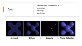 Cont.
Light is described as combination of
Ambient light
Diffuse light
Specular light
 