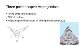 Three-point perspective projection:
• Having three vanishing points
• Difficult to draw
• Projection plane intersect to on of the principal axis (x, y, z)
 