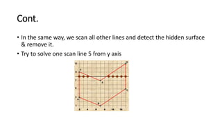Cont.
• In the same way, we scan all other lines and detect the hidden surface
& remove it.
• Try to solve one scan line 5 from y axis
 