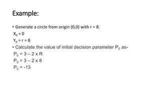 Example:
• Generate a circle from origin (0,0) with r = 8.
X0 = 0
Y0 = r = 8
• Calculate the value of initial decision parameter P0 as-
P0 = 3 – 2 x R
P0 = 3 – 2 x 8
P0 = -13
 