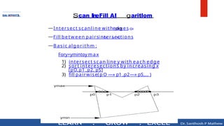 0
-
+
0
SAI MTGITS can I
i
n
eFill AI aritlom
—Intersect scanline withe d g e s
—Fill b e t w e e n pairsintersections
—B as i c algorithm :
Fory=ymintoy m a x
1) intersect scan line y with each edge
2) sort interesections by increasing x
[pO,p1 ,p2, pS]
3) fill pairwise( p O —» p1 ,p2—» pS,... )
 
