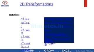 2D Transformations
Rotation:
P  (x, y
) R  (
)
x  r cos

y  r sin

x' r cos(
   )
y' r cos(
P' R 
P
 y
'

sin cos


 y

 x'

cos sin 
 x
x' r cos cos  r sin 
sin  y' r cos sin   r
sin  cos x' x cos  y
sin 
y' x sin   y cos
 