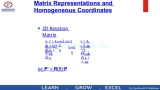 Matrix Representations and
Homogeneous Coordinates
 2D Rotation
Matrix
or, P’ = R(θ)·P


1
1

0

 1


0 
 y
0
x
 y'  
sin 
 x'cos sin 
cos
0
 