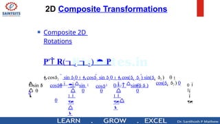2D Composite Transformations




1


0



1


0
0
0  sin(  )


1



0
sin  cos0  sin

0
cos(1  2 ) 0
12
0
1
1
2
2
cos2  sin 20cos1 sin 10cos(1  2 ) sin(1  2 ) 0
cos
 Composite 2D
Rotations
P' R(1  2 )  P
 