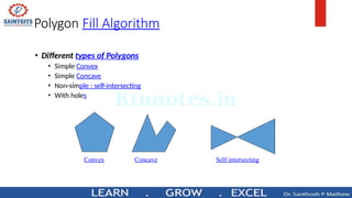 Polygon Fill Algorithm
• Different types of Polygons
• Simple Convex
• Simple Concave
• Non-simple : self-intersecting
• With holes
Convex Concave Self-intersecting
 