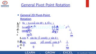  General 2D Pivot-Point
Rotation

1
0
0 
0



0

0
r



r 

1 


 y
y  
sin 
1 0xr cos sin 010 xr 
1cos1
00001






1
0
 sin

cos
 rr
y(1 cos)  xsin 
 sin xr (1 cos)  yr sin 
cos
0
General Pivot Point Rotation
 