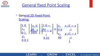 1 0
𝑥𝑓
0 1
𝑦𝑓
0 0 1
𝑠𝑥 0
0
.0 𝑠𝑦 0
001
1 0 −
𝑥𝑓
.0 1 − 𝑦
𝑓
0 01
=
𝑠𝑥
0 0
𝑠𝑦
00
𝑥𝑓(1 − 𝑠
𝑥)
𝑦𝑓(1 − 𝑠
𝑦)
1
• General 2D Fixed-Point
Scaling:
General fixed Point Scaling
 