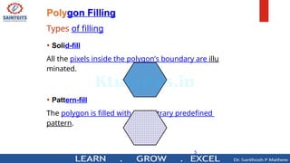 5
Polygon Filling
Types of filling
• Solid-fill
All the pixels inside the polygon’s boundary are illu
minated.
• Pattern-fill
The polygon is filled with an arbitrary predefined
pattern.
 
