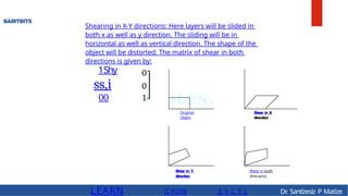 LEARN G ROW .E X C E L Dr
. Santízesíz P Matíze
BAIRTBITS
Shearing in X-Y directions: Here layers will be slided in
both x as well as y direction. The sliding will be in
horizontal as well as vertical direction. The shape of the
object will be distorted. The matrix of shear in both
directions is given by:
1Shy
ss,i
00
Original
Object
Shear in Y
direction
Shear in X
direction
Shear in both
direcaons
 