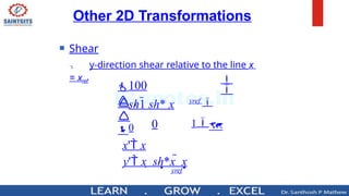  Shear
 y-direction shear relative to the line x
= xref


0
100


yref 
1
y
sh1 sh* x
0
x' x
y' x  sh*x  x
yref
Other 2D Transformations
 