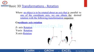 Basic 3D Transformations - Rotation
Where an object is to be rotated about an axis that is parallel to
one of the coordinate axis, we can obtain the desired
rotation with the following transformation sequence.
Coordinate axis rotation
Z- axis Rotation
Y-axis Rotation
X-axis Rotation
 