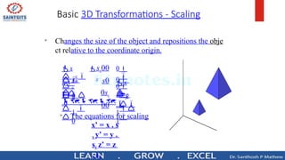Basic 3D Transformations - Scaling

Changes the size of the object and repositions the obje
ct relative to the coordinate origin.




 

0
 z

1

1

0
 y

0
x

 z

0
 1

 0
 y
 0
x

y
sx00
s0
0sz
00

The equations for scaling
x’ = x . s
x y’ = y .
sy z’ = z
. sz
 