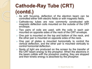 Cathode-Ray Tube (CRT)
(contd.)
 As with focusing, deflection of the electron beam can be
controlled either with electric fields or with magnetic fields.
 Cathode-ray tubes are now commonly constructed with
magnetic deflection coils mounted on the outside of the CRT
envelope.
 Two pairs of coils are used, with the coils in each pair
mounted on opposite sides of the neck of the CRT envelope.
 One pair is mounted on the top and bottom of the neck, and
the other pair is mounted on opposite sides of the neck.
 One pair of plates is mounted horizontally to control the
vertical deflection, and the other pair is mounted vertically to
control horizontal deflection.
 Spots of light are produced on the screen by the transfer of
the CRT beam energy to the phosphor. When the electrons in
the beam collide with the phosphor coating, they are stopped
and their kinetic energy is absorbed by the phosphor.
Er. Basant Kumar Jha 22
 