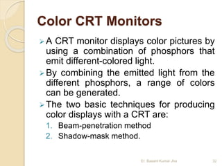 Color CRT Monitors
A CRT monitor displays color pictures by
using a combination of phosphors that
emit different-colored light.
By combining the emitted light from the
different phosphors, a range of colors
can be generated.
The two basic techniques for producing
color displays with a CRT are:
1. Beam-penetration method
2. Shadow-mask method.
Er. Basant Kumar Jha 32
 