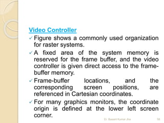 Video Controller
 Figure shows a commonly used organization
for raster systems.
 A fixed area of the system memory is
reserved for the frame buffer, and the video
controller is given direct access to the frame-
buffer memory.
 Frame-buffer locations, and the
corresponding screen positions, are
referenced in Cartesian coordinates.
 For many graphics monitors, the coordinate
origin is defined at the lower left screen
corner. Er. Basant Kumar Jha 58
 