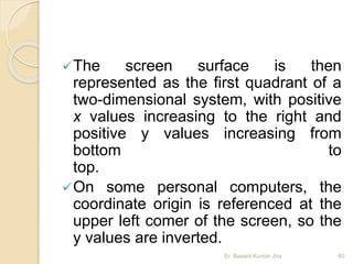 The screen surface is then
represented as the first quadrant of a
two-dimensional system, with positive
x values increasing to the right and
positive y values increasing from
bottom to
top.
On some personal computers, the
coordinate origin is referenced at the
upper left comer of the screen, so the
y values are inverted.
Er. Basant Kumar Jha 60
 