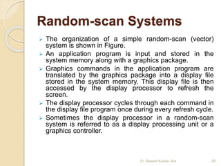 Random-scan Systems
 The organization of a simple random-scan (vector)
system is shown in Figure.
 An application program is input and stored in the
system memory along with a graphics package.
 Graphics commands in the application program are
translated by the graphics package into a display file
stored in the system memory. This display file is then
accessed by the display processor to refresh the
screen.
 The display processor cycles through each command in
the display file program once during every refresh cycle.
 Sometimes the display processor in a random-scan
system is referred to as a display processing unit or a
graphics controller.
Er. Basant Kumar Jha 65
 