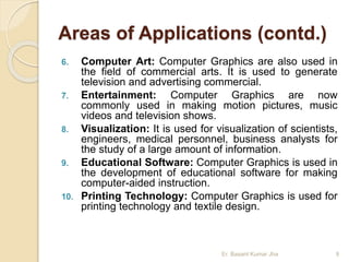 Areas of Applications (contd.)
6. Computer Art: Computer Graphics are also used in
the field of commercial arts. It is used to generate
television and advertising commercial.
7. Entertainment: Computer Graphics are now
commonly used in making motion pictures, music
videos and television shows.
8. Visualization: It is used for visualization of scientists,
engineers, medical personnel, business analysts for
the study of a large amount of information.
9. Educational Software: Computer Graphics is used in
the development of educational software for making
computer-aided instruction.
10. Printing Technology: Computer Graphics is used for
printing technology and textile design.
Er. Basant Kumar Jha 9
 
