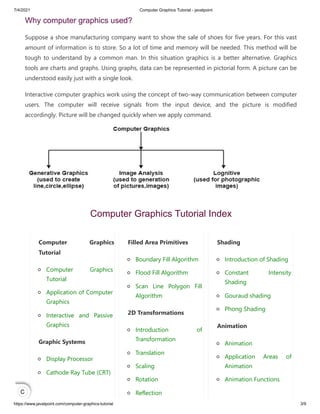 7/4/2021 Computer Graphics Tutorial - javatpoint
https://www.javatpoint.com/computer-graphics-tutorial 3/9
Computer Graphi...