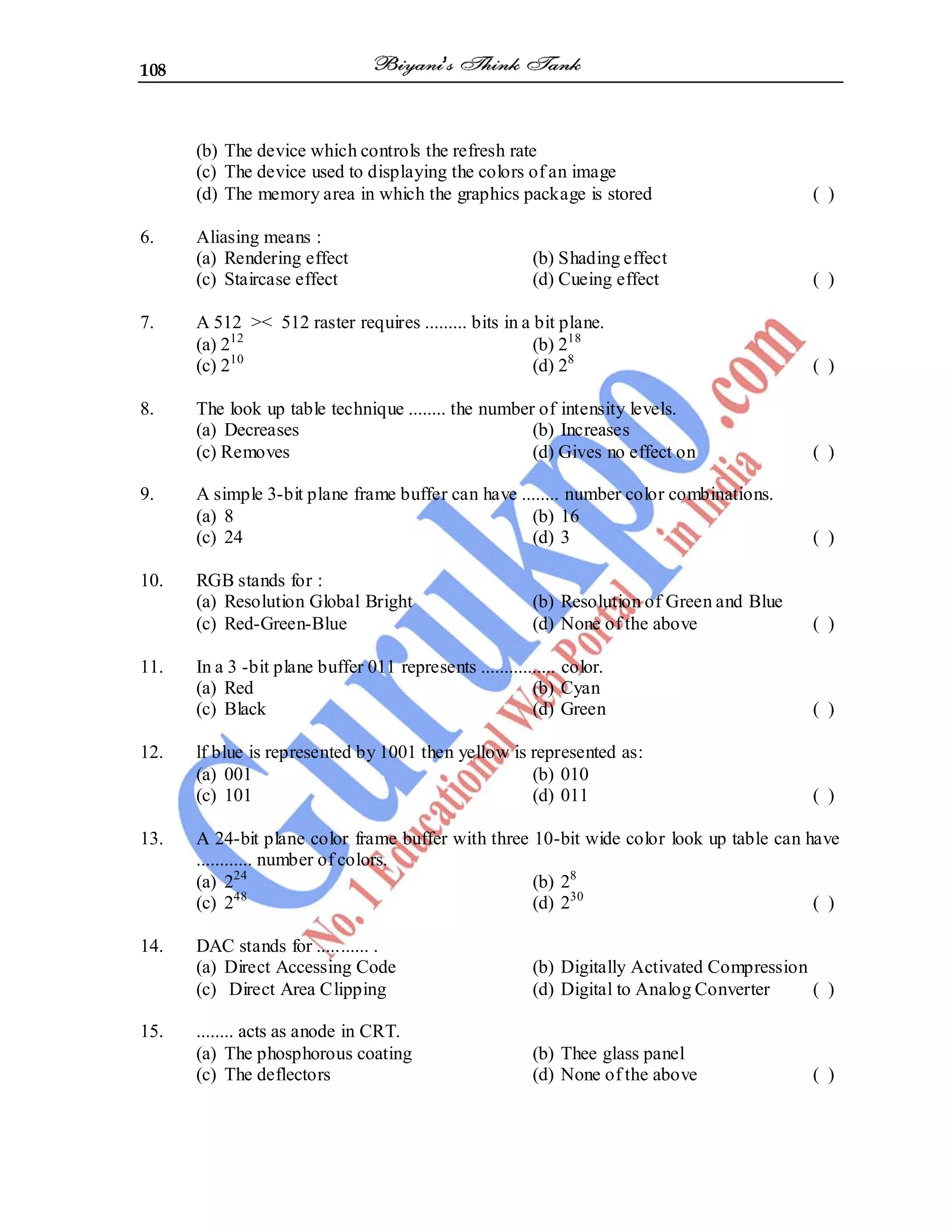 108
(b) The device which controls the refresh rate
(c) The device used to displaying the colors of an image
(d) The memory area in which the graphics package is stored ( )
6. Aliasing means :
(a) Rendering effect (b) Shading effect
(c) Staircase effect (d) Cueing effect ( )
7. A 512 >< 512 raster requires ......... bits in a bit plane.
(a) 212
(b) 218
(c) 210
(d) 28
( )
8. The look up table technique ........ the number of intensity levels.
(a) Decreases (b) Increases
(c) Removes (d) Gives no effect on ( )
9. A simple 3-bit plane frame buffer can have ........ number color combinations.
(a) 8 (b) 16
(c) 24 (d) 3 ( )
10. RGB stands for :
(a) Resolution Global Bright (b) Resolution of Green and Blue
(c) Red-Green-Blue (d) None of the above ( )
11. In a 3 -bit plane buffer 011 represents ................ color.
(a) Red (b) Cyan
(c) Black (d) Green ( )
12. lf blue is represented by 1001 then yellow is represented as:
(a) 001 (b) 010
(c) 101 (d) 011 ( )
13. A 24-bit plane color frame buffer with three 10-bit wide color look up table can have
............ number of colors.
(a) 224
(b) 28
(c) 248
(d) 230
( )
14. DAC stands for ........... .
(a) Direct Accessing Code (b) Digitally Activated Compression
(c) Direct Area Clipping (d) Digital to Analog Converter ( )
15. ........ acts as anode in CRT.
(a) The phosphorous coating (b) Thee glass panel
(c) The deflectors (d) None of the above ( )
 