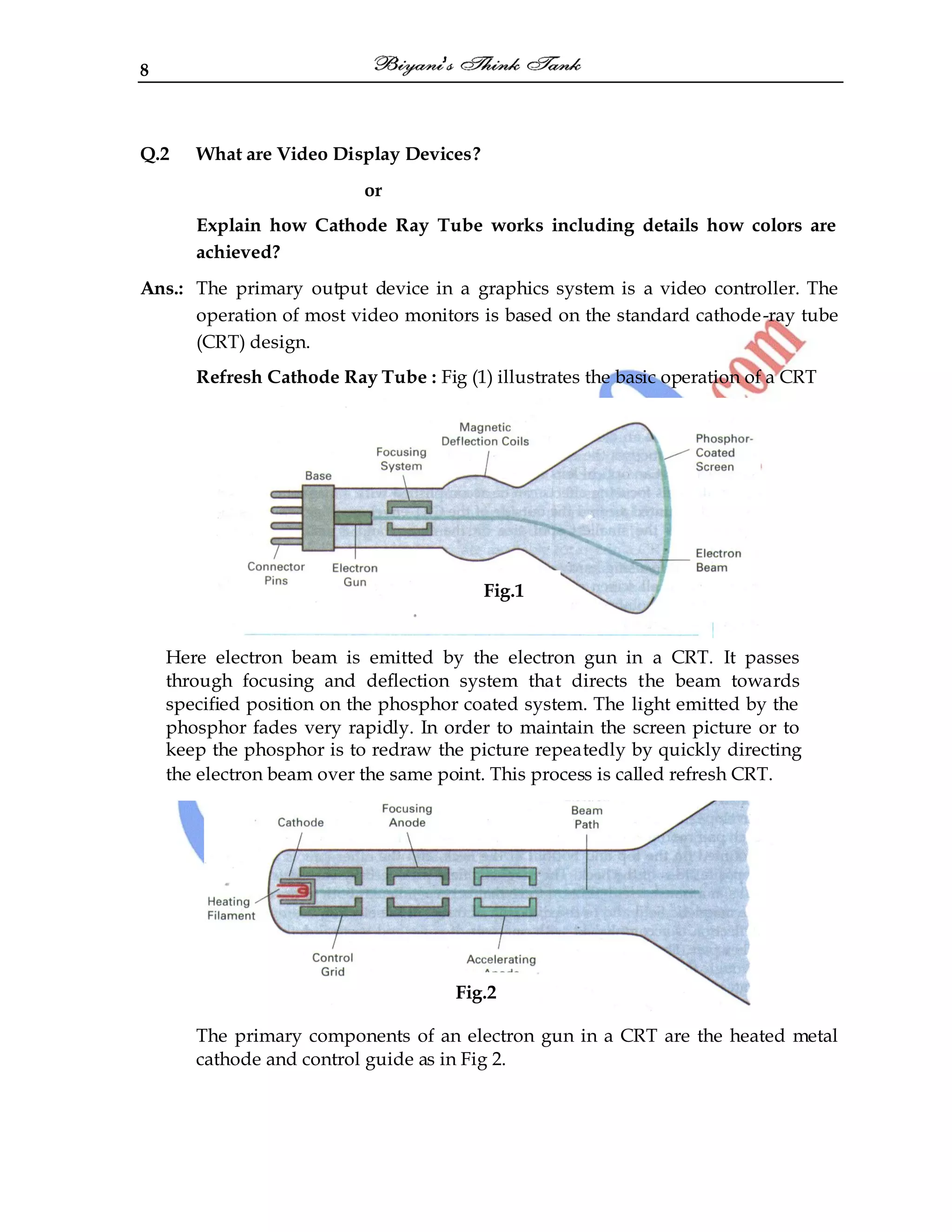 8
Q.2 What are Video Display Devices?
or
Explain how Cathode Ray Tube works including details how colors are
achieved?
Ans.: The primary output device in a graphics system is a video controller. The
operation of most video monitors is based on the standard cathode-ray tube
(CRT) design.
Refresh Cathode Ray Tube : Fig (1) illustrates the basic operation of a CRT
The primary components of an electron gun in a CRT are the heated metal
cathode and control guide as in Fig 2.
Here electron beam is emitted by the electron gun in a CRT. It passes
through focusing and deflection system that directs the beam towards
specified position on the phosphor coated system. The light emitted by the
phosphor fades very rapidly. In order to maintain the screen picture or to
keep the phosphor is to redraw the picture repeatedly by quickly directing
the electron beam over the same point. This process is called refresh CRT.
Fig.1
Fig.2
 