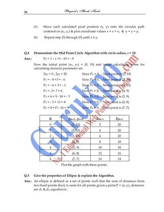 36
(5) Move each calculated pixel position (x, y) onto the circular path
centered on (xc, yc) & plot coordinate values x = x + xc & y = y + yc.
(6) Repeat step (3) through (5) until x ≥ y.
Q.4 Demonstrate the Mid Point Circle Algorithm with circle radius, r = 10.
Ans.: P0 = 1 – r =1 - 10 = - 9
Now the initial point (x0, y0) = (0, 10) and initial calculating terms for
calculating decision parameter are
2x0 = 0 , 2y0 = 20 Since Pk < 0, Next point is (1, 10)
P1 = - 9 +3 = - 6 Now P1 < 0, Next point is (2, 10)
P2 = - 6 + 5 = - 1 Now P2 < 0, Next point is (3, 10)
P3 = -1+ 7 = 6 Now P3 > 0, Next point is (4, 9)
P4 = 6 + 9 - 18 = - 3 Now P4 < 0, Next point is (5, 9)
P5 = - 3 + 11 = 8 Now P5 > 0, Next point is (6, 8)
P6 = 8 +13 - 16 = 5 Now P6 > 0, Next point is (7, 7)
K (xk+1, yk+1) 2xk+1 2yk+1
0 (1, 10) 2 20
1 (2, 10) 4 20
2 (3, 10) 6 20
3 (4, 9) 8 18
4 (5, 9) 10 18
5 (6, 8) 12 16
6 (7, 7) 14 14
Plot the graph with these points.
Q.5 Give the properties of Ellipse & explain the Algorithm.
Ans.: An ellipse is defined as a set of points such that the sum of distances from
two fixed points (foci) is same for all points given a point P = (x, y), distances
are d1 & d2, equation is :
 