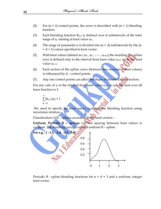 68
(2) For (n + 1) control points, the curve is described with (n + 1) blending
function.
(3) Each blending function Bk,d is defined over d subintervals of the total
range of u, starting at knot value uk.
(4) The range of parameter u is divided into (n + d) subintervals by the (n
+ d + 1) values specified in knot vector.
(5) With knot values labeled as { u0 , u1 , - - - , un+d} the resulting B – spline
over is defined only in the interval from knot value ud-1 up to the knot
value un+1.
(6) Each section of the spline curve (between two successive knot values)
is influenced by d – control points.
(7) Any one control points can affect the shape of almost d curve section.
For any vale of u in the interval from knot value ud-1 to un-1 the sum over all
basis function is 1.
n
∑ Bk,d (u) = 1
K = 0
We need to specify the knot values to obtain the blending function using
recurrence relation.
Classification of B – splines according to the knot vectors :
Uniform, Periodic B – splines : When spacing between knot values is
constant. The resulting curve is called a uniform B – spline.
For e.g. : { - 1.5, -1.0, -0.5, 0.0}
0.8
0.6
0.4
0.2
0 1 2 3
Periodic B - spline blending functions for n = d = 3 and a uniform, integer
knot vector.
 