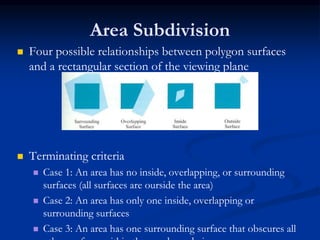 Area Subdivision
 Four possible relationships between polygon surfaces
and a rectangular section of the viewing plane
 Terminating criteria
 Case 1: An area has no inside, overlapping, or surrounding
surfaces (all surfaces are ourside the area)
 Case 2: An area has only one inside, overlapping or
surrounding surfaces
 Case 3: An area has one surrounding surface that obscures all
 