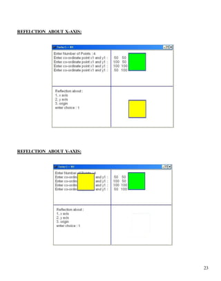 23
REFELCTION ABOUT X-AXIS:
REFELCTION ABOUT Y-AXIS:
 