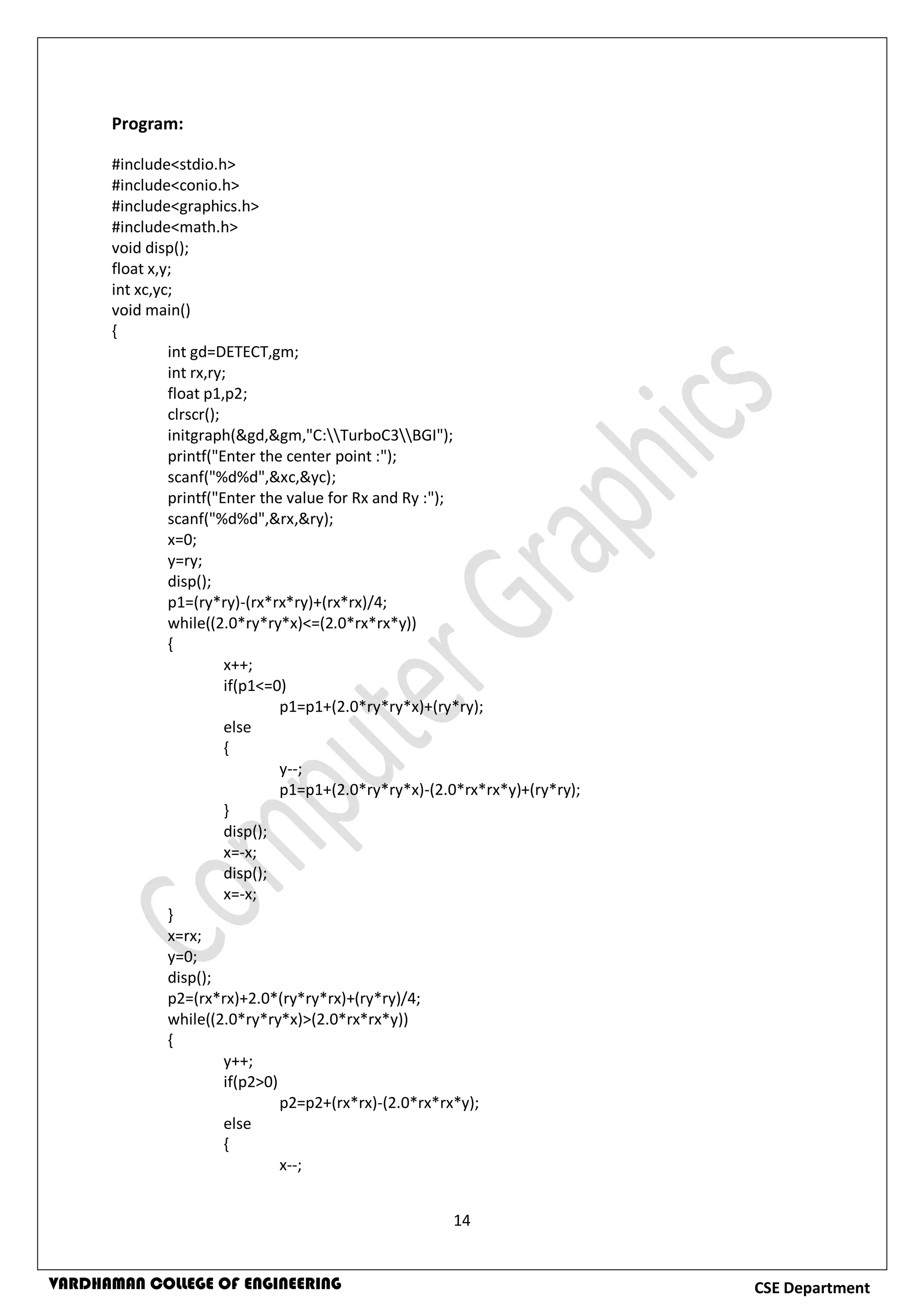 14
CSE DepartmentVARDHAMAN COLLEGE OF ENGINEERING
Program:
#include<stdio.h>
#include<conio.h>
#include<graphics.h>
#include<math.h>
void disp();
float x,y;
int xc,yc;
void main()
{
int gd=DETECT,gm;
int rx,ry;
float p1,p2;
clrscr();
initgraph(&gd,&gm,"C:TurboC3BGI");
printf("Enter the center point :");
scanf("%d%d",&xc,&yc);
printf("Enter the value for Rx and Ry :");
scanf("%d%d",&rx,&ry);
x=0;
y=ry;
disp();
p1=(ry*ry)-(rx*rx*ry)+(rx*rx)/4;
while((2.0*ry*ry*x)<=(2.0*rx*rx*y))
{
x++;
if(p1<=0)
p1=p1+(2.0*ry*ry*x)+(ry*ry);
else
{
y--;
p1=p1+(2.0*ry*ry*x)-(2.0*rx*rx*y)+(ry*ry);
}
disp();
x=-x;
disp();
x=-x;
}
x=rx;
y=0;
disp();
p2=(rx*rx)+2.0*(ry*ry*rx)+(ry*ry)/4;
while((2.0*ry*ry*x)>(2.0*rx*rx*y))
{
y++;
if(p2>0)
p2=p2+(rx*rx)-(2.0*rx*rx*y);
else
{
x--;
 