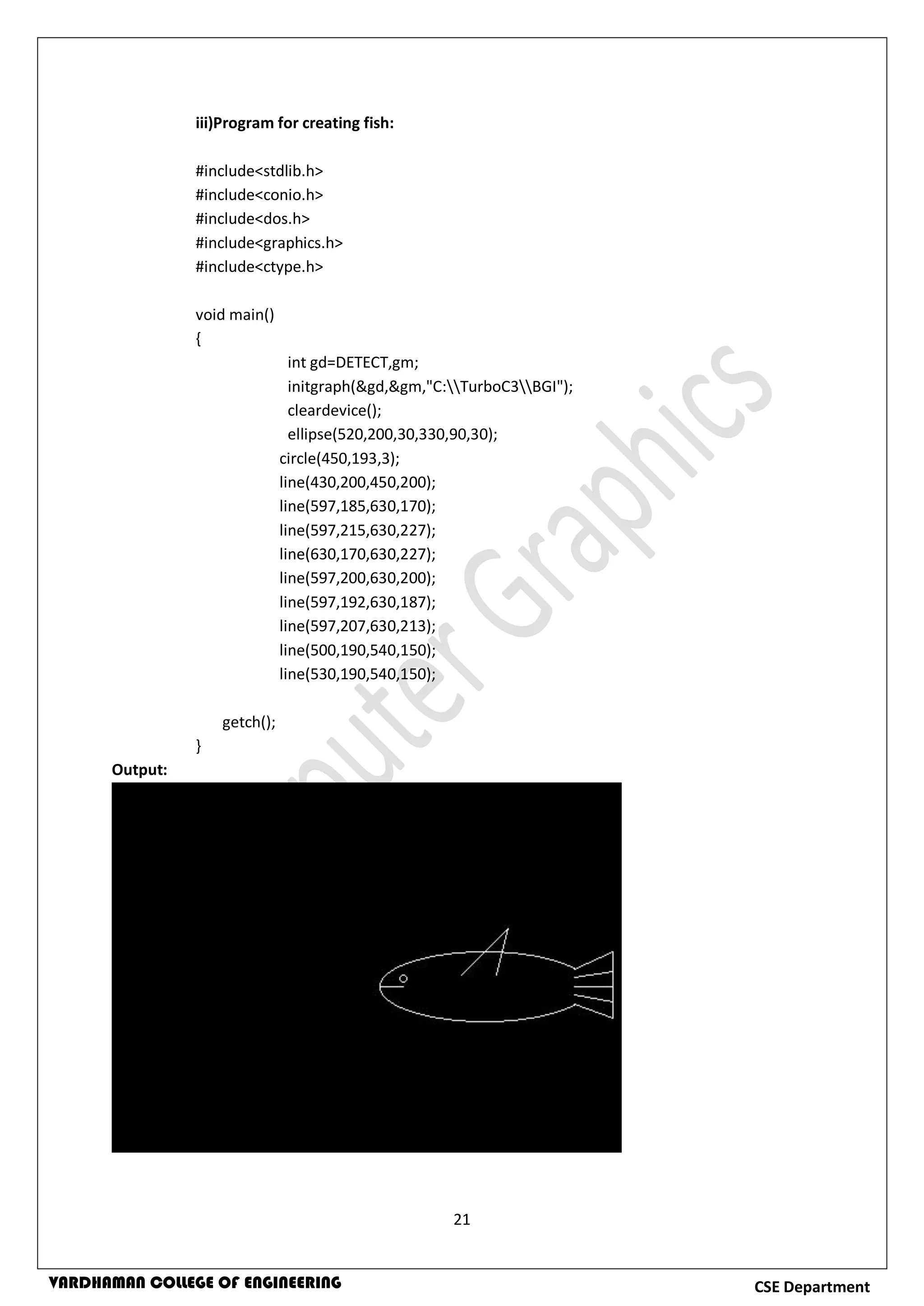 21
CSE DepartmentVARDHAMAN COLLEGE OF ENGINEERING
iii)Program for creating fish:
#include<stdlib.h>
#include<conio.h>
#include<dos.h>
#include<graphics.h>
#include<ctype.h>
void main()
{
int gd=DETECT,gm;
initgraph(&gd,&gm,"C:TurboC3BGI");
cleardevice();
ellipse(520,200,30,330,90,30);
circle(450,193,3);
line(430,200,450,200);
line(597,185,630,170);
line(597,215,630,227);
line(630,170,630,227);
line(597,200,630,200);
line(597,192,630,187);
line(597,207,630,213);
line(500,190,540,150);
line(530,190,540,150);
getch();
}
Output:
 
