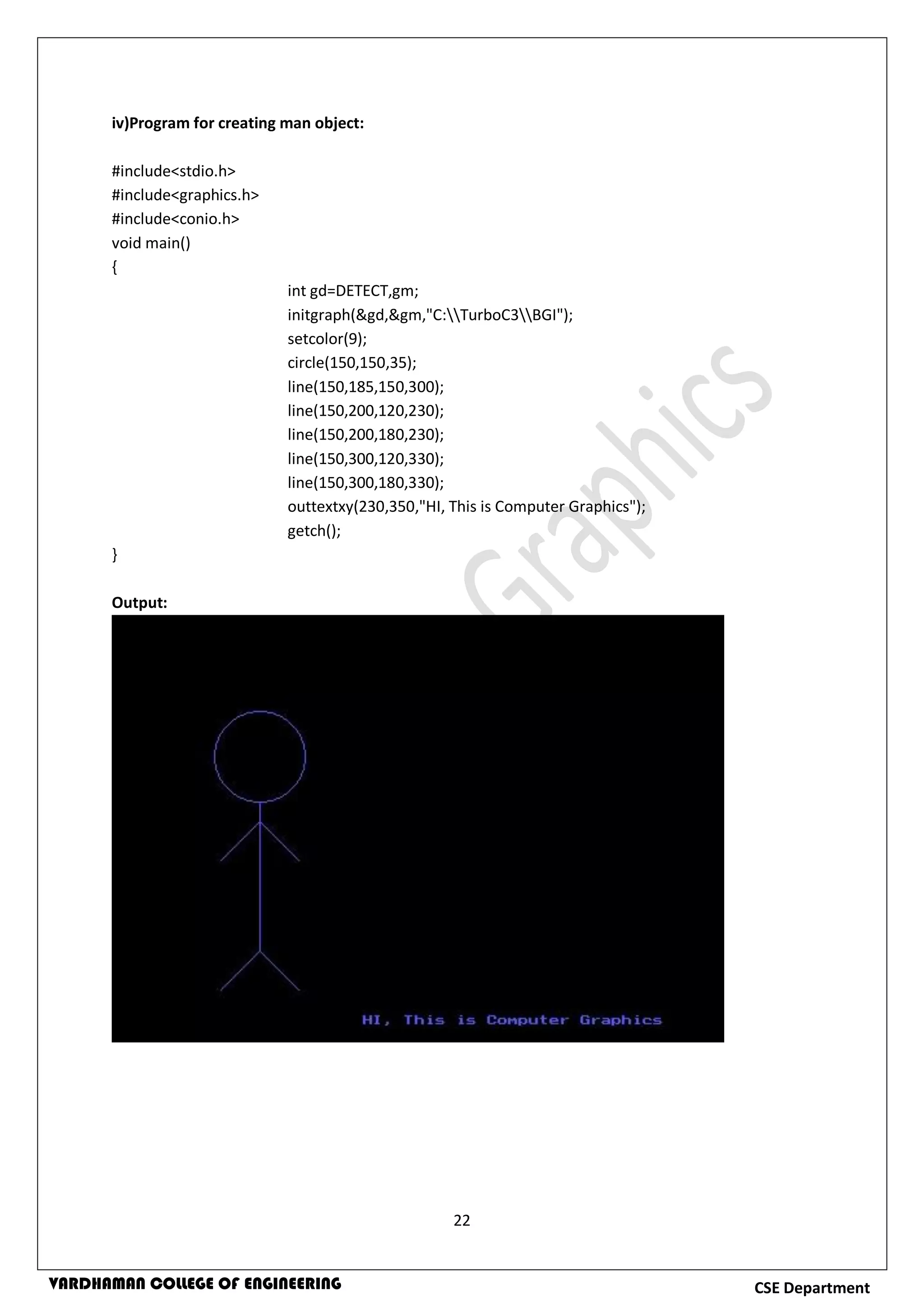 22
CSE DepartmentVARDHAMAN COLLEGE OF ENGINEERING
iv)Program for creating man object:
#include<stdio.h>
#include<graphics.h>
#include<conio.h>
void main()
{
int gd=DETECT,gm;
initgraph(&gd,&gm,"C:TurboC3BGI");
setcolor(9);
circle(150,150,35);
line(150,185,150,300);
line(150,200,120,230);
line(150,200,180,230);
line(150,300,120,330);
line(150,300,180,330);
outtextxy(230,350,"HI, This is Computer Graphics");
getch();
}
Output:
 