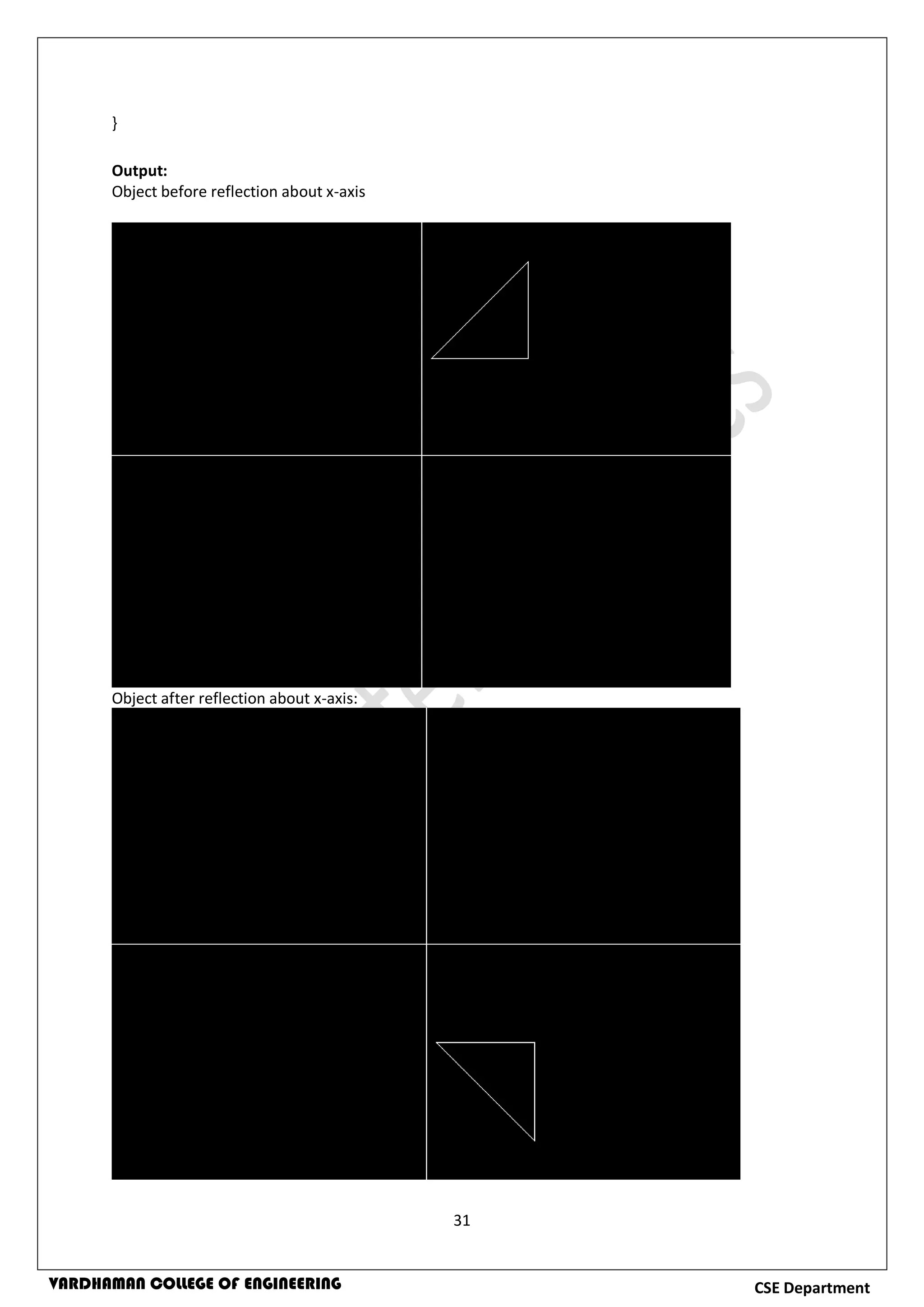 31
CSE DepartmentVARDHAMAN COLLEGE OF ENGINEERING
}
Output:
Object before reflection about x-axis
Object after reflection about x-axis:
 