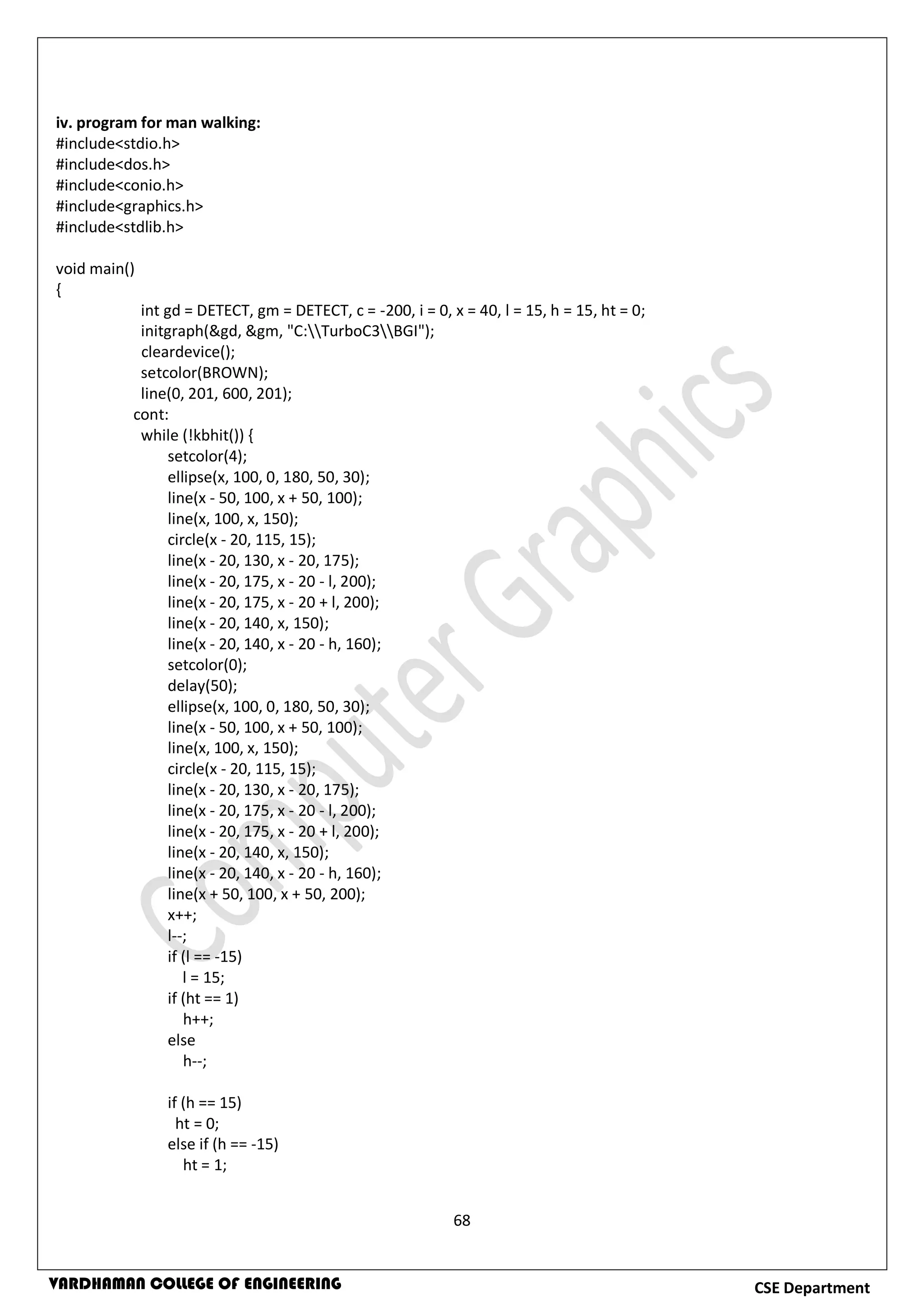 68
CSE DepartmentVARDHAMAN COLLEGE OF ENGINEERING
iv. program for man walking:
#include<stdio.h>
#include<dos.h>
#include<conio.h>
#include<graphics.h>
#include<stdlib.h>
void main()
{
int gd = DETECT, gm = DETECT, c = -200, i = 0, x = 40, l = 15, h = 15, ht = 0;
initgraph(&gd, &gm, "C:TurboC3BGI");
cleardevice();
setcolor(BROWN);
line(0, 201, 600, 201);
cont:
while (!kbhit()) {
setcolor(4);
ellipse(x, 100, 0, 180, 50, 30);
line(x - 50, 100, x + 50, 100);
line(x, 100, x, 150);
circle(x - 20, 115, 15);
line(x - 20, 130, x - 20, 175);
line(x - 20, 175, x - 20 - l, 200);
line(x - 20, 175, x - 20 + l, 200);
line(x - 20, 140, x, 150);
line(x - 20, 140, x - 20 - h, 160);
setcolor(0);
delay(50);
ellipse(x, 100, 0, 180, 50, 30);
line(x - 50, 100, x + 50, 100);
line(x, 100, x, 150);
circle(x - 20, 115, 15);
line(x - 20, 130, x - 20, 175);
line(x - 20, 175, x - 20 - l, 200);
line(x - 20, 175, x - 20 + l, 200);
line(x - 20, 140, x, 150);
line(x - 20, 140, x - 20 - h, 160);
line(x + 50, 100, x + 50, 200);
x++;
l--;
if (l == -15)
l = 15;
if (ht == 1)
h++;
else
h--;
if (h == 15)
ht = 0;
else if (h == -15)
ht = 1;
 